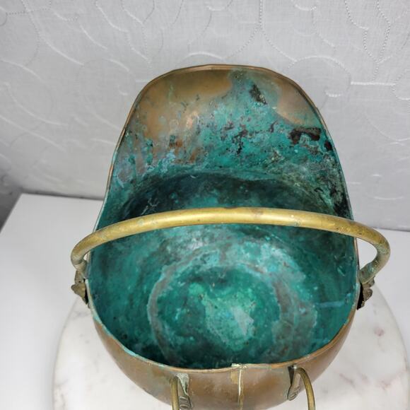 VTG Copper Coal Scuttle Ash Bucket 11" Patina Lion Head Delft Porcelain Handle - Picture 6 of 16